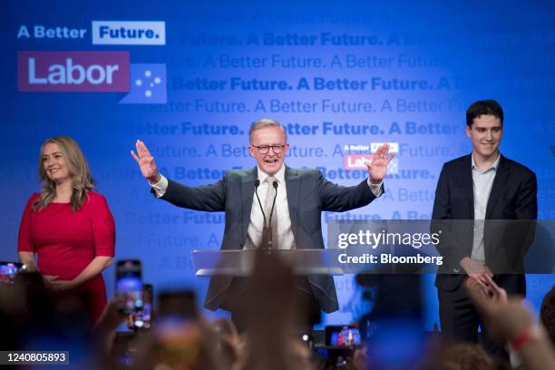 Anthony Albanese, leader of the Labor Party, center, speaks while his partner Jodie Haydon, left, and his son Nathan Albanese stand on stage during...