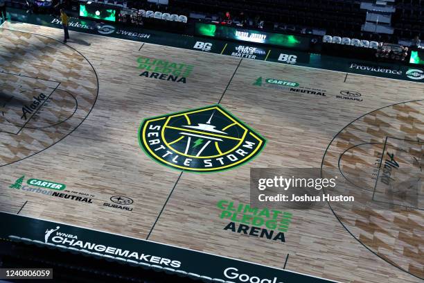 An overall shot of the court at Climate Pledge Arena before the game between the Los Angeles Sparks and the Seattle Storm on May 20, 2022 at Climate...