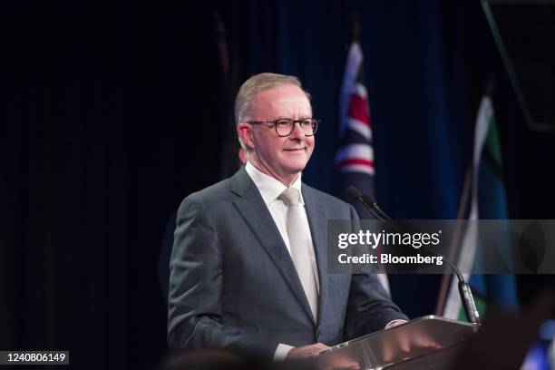 Anthony Albanese, leader of the Labor Party, speaks during the party's election night event in Sydney, Australia, on Saturday, May 21, 2022....