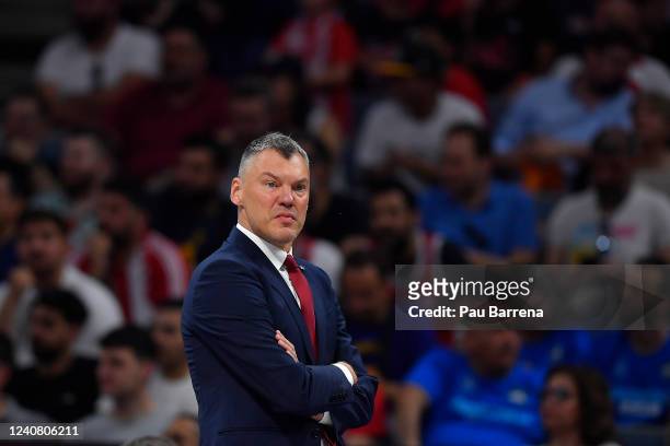 Sarunas Jasikevicius, Head Coach of FC Barcelona reacts during the Turkish Airlines EuroLeague Final Four Belgrade 2022 Third place game FC Barcelona...