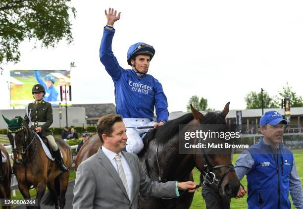 Kildare , Ireland - 21 May 2022; William Buick on Native Trail after winning the Tattersalls Irish 2,000 Guineas during the Tattersalls Irish Guineas...