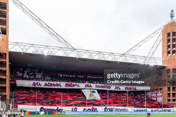Fans of Genoa put on a choreography prior to kick-off in the Serie A match between Genoa CFC and Bologna Fc at Stadio Luigi Ferraris on May 21, 2022...