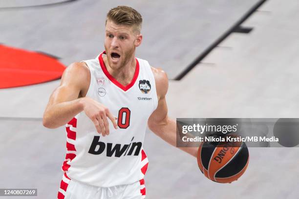 Thomas Walkup of Olympiacos Piraeus gestures during the 2022 Turkish Airlines EuroLeague Final Four Belgrade Third Place game between FC Barcelona v...