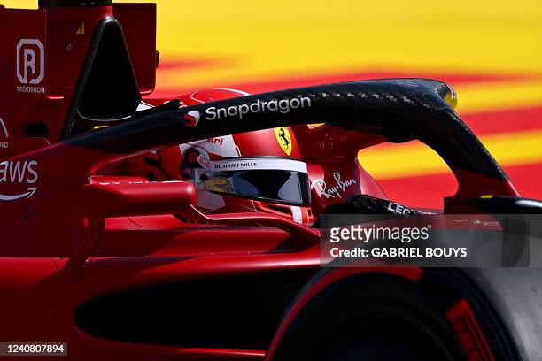 Ferrari's Monegasque driver Charles Leclerc drives during the qualifying session at the Circuit de Catalunya on May 21, 2022 in Montmelo, on the...
