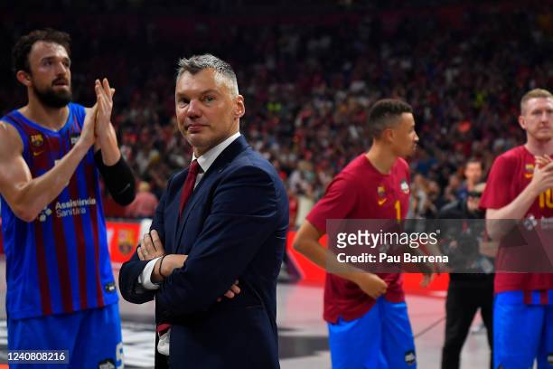 Sarunas Jasikevicius, Head Coach of FC Barcelona reacts at the end of the Turkish Airlines EuroLeague Final Four Belgrade 2022 Third place game FC...