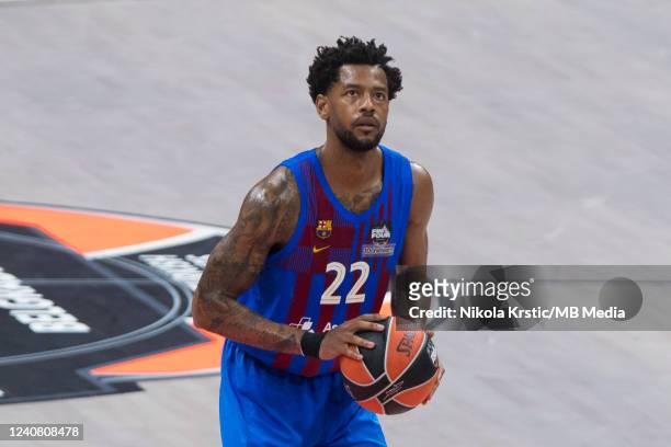 Cory Higgins of FC Barcelona performs a free throw during the 2022 Turkish Airlines EuroLeague Final Four Belgrade Third Place game between FC...
