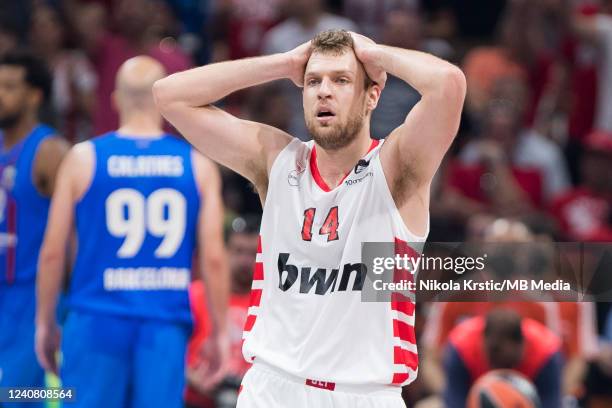 Sasha Vezenkov of Olympiacos Piraeus reacts during the 2022 Turkish Airlines EuroLeague Final Four Belgrade Third Place game between FC Barcelona v...