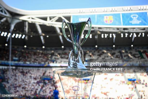 The UEFA Women's Champions League is seen ahead of the final football match between Spain's Barcelona and France's Lyon at the Allianz Stadium in the...