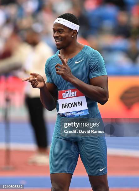 Aaron Brown of Canada reacts as he crosses the finish line to win the Men's 100m during Muller Birmingham Diamond League, part of the 2022 Diamond...