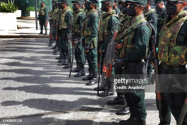 Sri Lanka army stand guarded to prevent proceeding towards demarcated areas during the university students march towards Presidential Secretariat in...