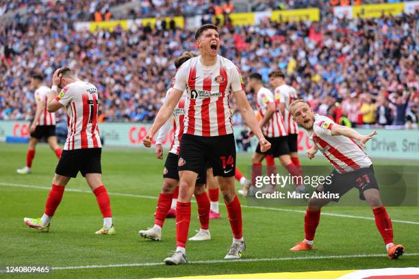 Ross Stewart of Sunderland celebrates scoring their 2nd goal with Alex Pritchard during the Sky Bet League One Play-Off Final match between...