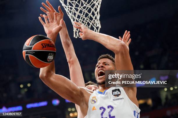 Real Madrid's Walter Tavares vies with Anadolu Efes' Tibor Pleiss during the EuroLeague Final Four final basketball match between Real Madrid and...