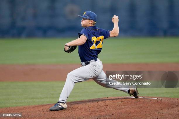 Notre Dame starting pitcher Cole Clark delivers a pitch in the bottom of the first against JSerra Catholic in the Southern Section Division 1...