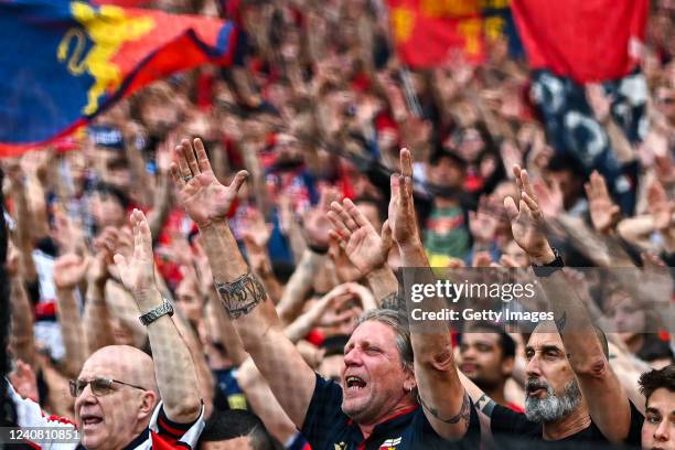 Fans of Genoa sing after the Serie A match between Genoa CFC and Bologna Fc at Stadio Luigi Ferraris on May 21, 2022 in Genoa, Italy.