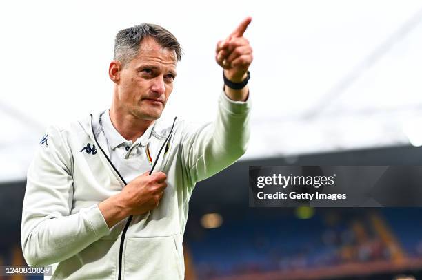 Alexander Blessin head coach of Genoa greets the crowd after the Serie A match between Genoa CFC and Bologna Fc at Stadio Luigi Ferraris on May 21,...