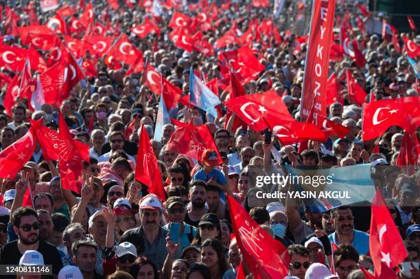Supporters of Republican People's Party wave flags during an anti-government rally in Istanbul on May 21, 2022.
