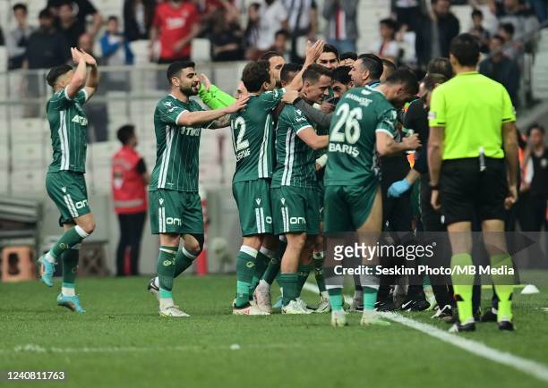 Konyaspor players celebrates for Amar Rahmanovic ' s goal during the Turkish Super Lig match between Besiktas AS and Konyaspor at Vodafone Park on...