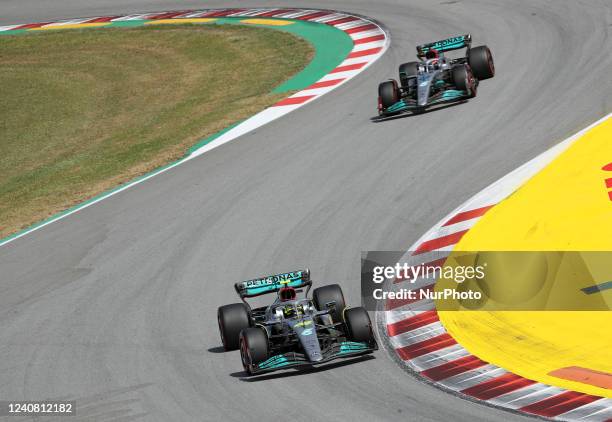 Lewis Hamilton's and George Russell's Mercedes during the qualifying of the Formula 1 Pirelli GP of Spain, held at the Circuit de Barcelona...