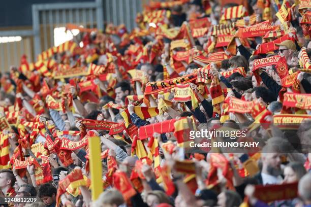 Mechelen's supporters pictured at the start of a soccer match between KRC Genk and KV Mechelen, Saturday 21 May 2022 in Genk, on the last day of the...