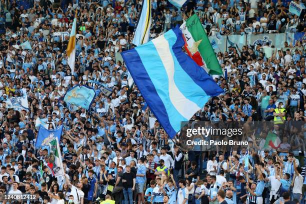 Lazio fans during the Serie A match between SS Lazio and Hellas Verona FC at Stadio Olimpico on May 21, 2022 in Rome, Italy.