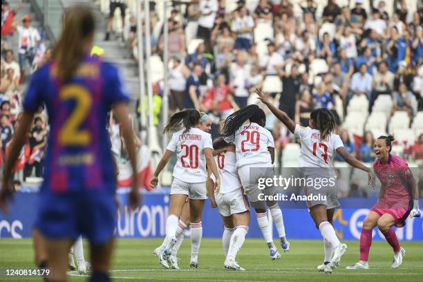 Amandine Henry , of Olympique Lyonnais, celebrates with her teammates after scoring during the Women Champions League football match between...