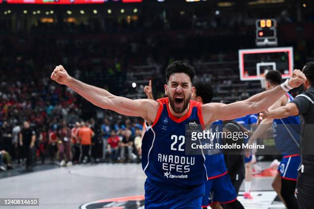 Vasilije Micic, #22 of Anadolu Efes Istanbul celebrates at the end of the Turkish Airlines EuroLeague Final Four Belgrade 2022 Championship game Real...