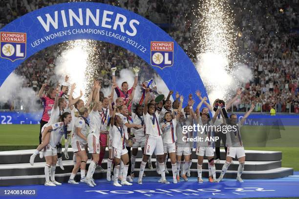 Olympique Lyonnais women goalkeeper Christiana Endler, Grace Kazadi of Olympique Lyonnais women, Wendie Renard of Olympique Lyonnais women, Selma...