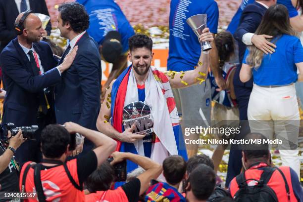Vasilije Micic of Anadolu Efes Istanbul nominated the MVP of the Turkish Airlines EuroLeague Final Four Belgrade and holds the trophy during the 2022...