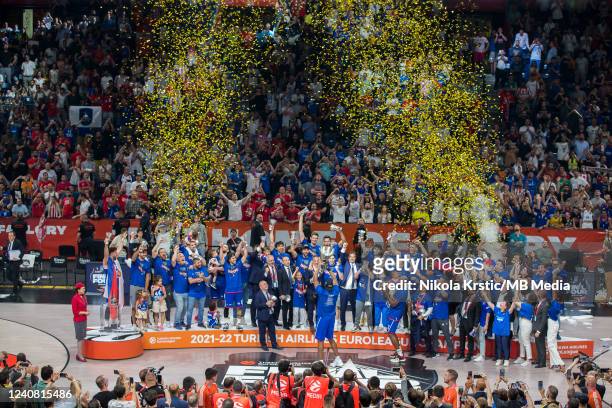 The players of Anadolu Efes Istanbul celebrate the victory with the trophy during the 2022 Turkish Airlines EuroLeague Final Four Belgrade...