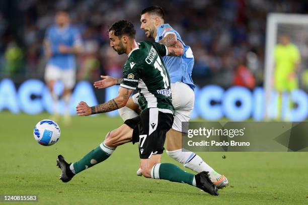 Mattia Zaccagni of SS Lazio competes for the ball with Federico Ceccherini of Hellas Verona during the Serie A match between SS Lazio and Hellas...