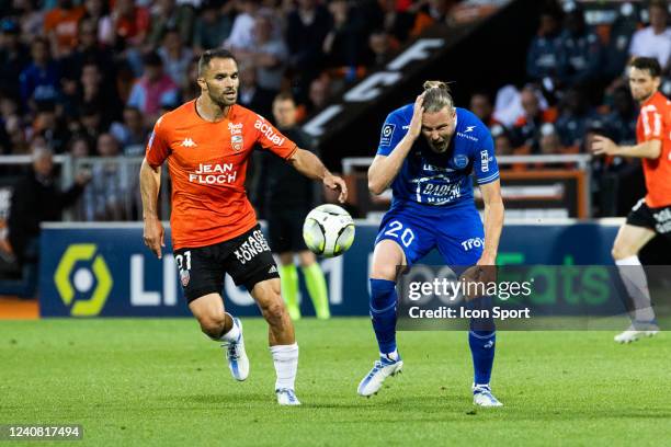 Ripart of Troyes and Morel of Lorient. During the Ligue 1 match between Lorient and Troyes at Stade du Moustoir on May 21, 2022 in Lorient, France.