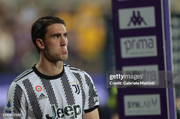 Dusan Vlahovic of Juventus reacts during the Serie A match between ACF Fiorentina and Juventus at Stadio Artemio Franchi on May 21, 2022 in Florence,...