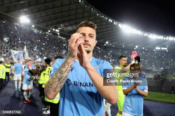 Sergej Milinkovic Savic of SS lazio greets the fans after the Serie A match between SS Lazio and Hellas Verona FC at Stadio Olimpico on May 21, 2022...