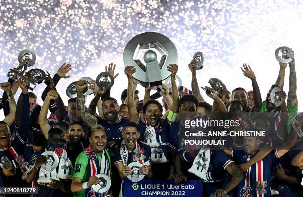 S players celebrates their club's tenth Ligue 1 title during the 2021-2022 Ligue 1 championship trophy ceremony following the French L1 football...