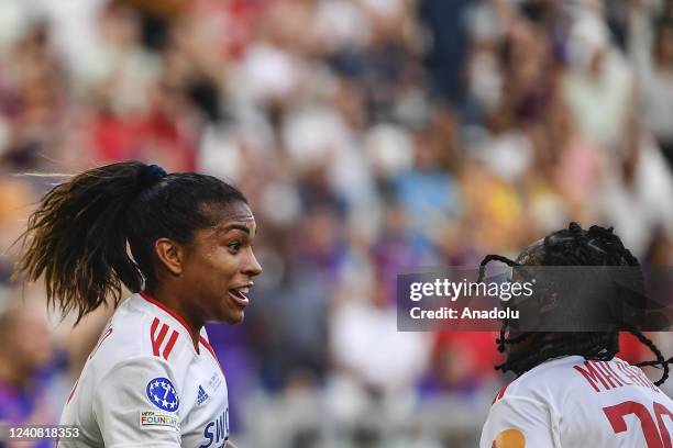 Catarina Macario , of Olympique Lyonnais, celebrates with her teammate Melvine Malard after scoring during the Women Champions League football match...