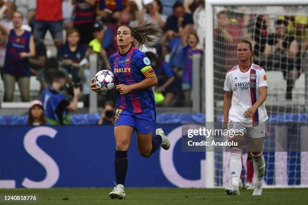 Alexia Putellas , of Barcelona, reacts after scoring during the Women Champions League football match between Barcelona and Olympique Lyonnais at...