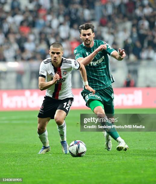 Can Bozdogan of Besiktas AS and Amar Rahmanovic of Konyaspor during the Turkish Super Lig match between Besiktas AS and Konyaspor at Vodafone Park on...