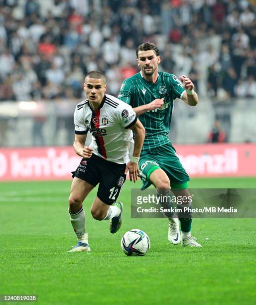 Can Bozdogan of Besiktas AS and Amar Rahmanovic of Konyaspor during the Turkish Super Lig match between Besiktas AS and Konyaspor at Vodafone Park on...