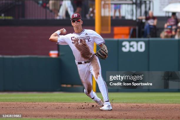 Mississippi State Bulldogs infielder Tanner Leggett throws to first base during the game between the Mississippi State Bulldogs and the Tennessee...