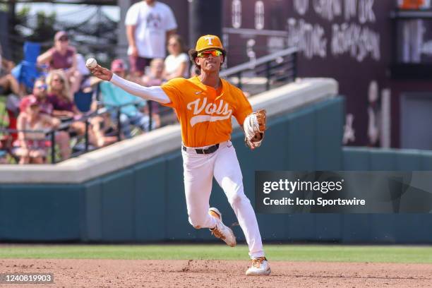 Tennessee Volunteers infielder Trey Lipscomb throws to first base during the game between the Mississippi State Bulldogs and the Tennessee Volunteers...