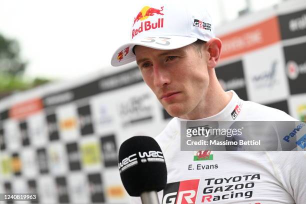 Elfyn Evans of Great Britain is seen in the Exponor Service Area during Day Three of the FIA World Rally Championship Portugal on May 21, 2022 in...