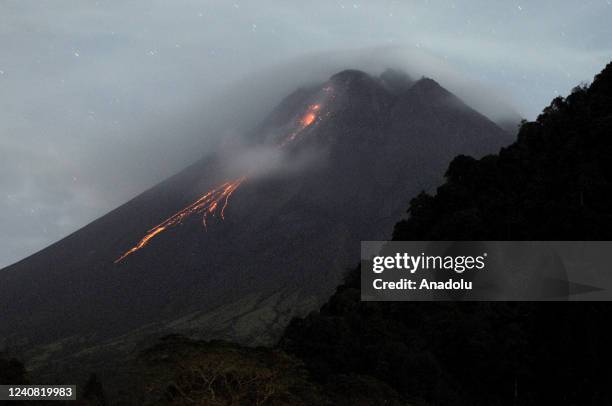 Mount Merapi, which emits chunks of lava when it erupts several times, is seen from Turgo village, Sleman district in Yogyakarta, Indonesia in the...