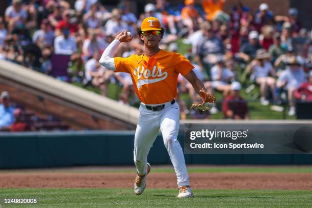 Tennessee Volunteers infielder Trey Lipscomb throws to first base during the game between the Mississippi State Bulldogs and the Tennessee Volunteers...