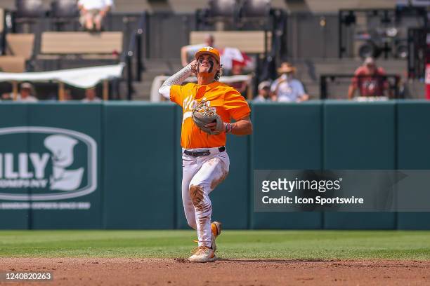 Tennessee Volunteers infielder Cortland Lawson throws to first base during the game between the Mississippi State Bulldogs and the Tennessee...