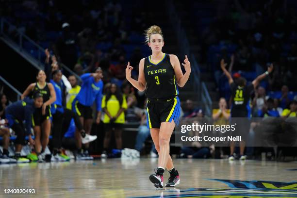 Marina Mabrey of the Dallas Wings celebrates during the game against the Minnesota Lynx on May 21, 2022 at College Park Center in Arlington, TX. NOTE...