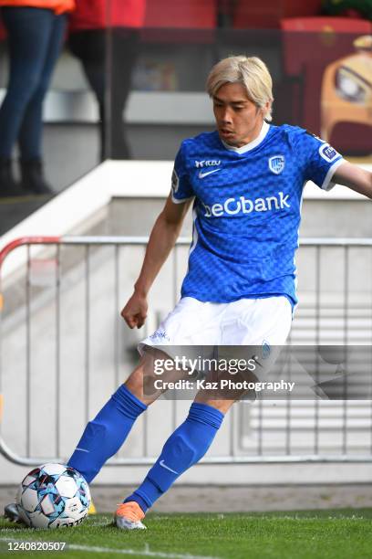 Junya Ito of KRC Genk takes a corner kick during the Jupiler Pro League Play-off match between YR KV Mechelen and KRC Genk at AFAS-Stadium on May 21,...