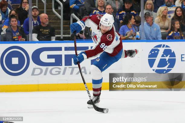 Mikko Rantanen of the Colorado Avalanche shoots the puck against the St. Louis Blues in the second period during Game Three of the Second Round of...