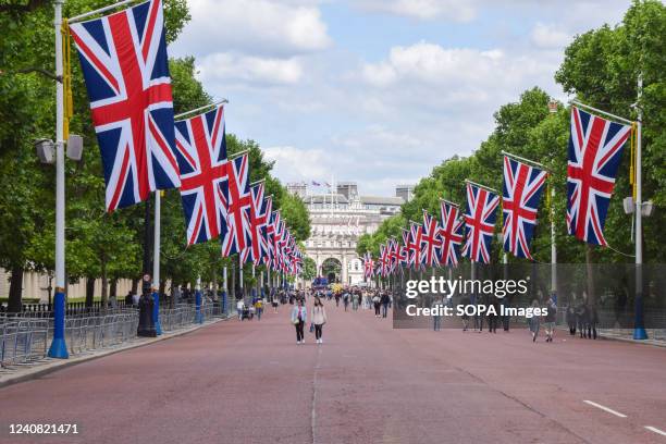 Union Jack flags decorate The Mall for the Queen's Platinum Jubilee, marking the 70th anniversary of the Queen's accession to the throne. A special...