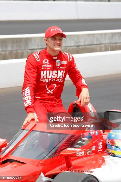 IndyCar driver Marcus Ericsson poses for a photo with his car on May 21st, 2022 after qualifying for the 106th running of the Indianapolis 500 at the...