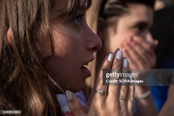 Supporters of the Barcelona Women's Soccer Club are seen surprised by a goal from Olympique of Lyon. Followers of the Barcelona Women's Soccer Club...